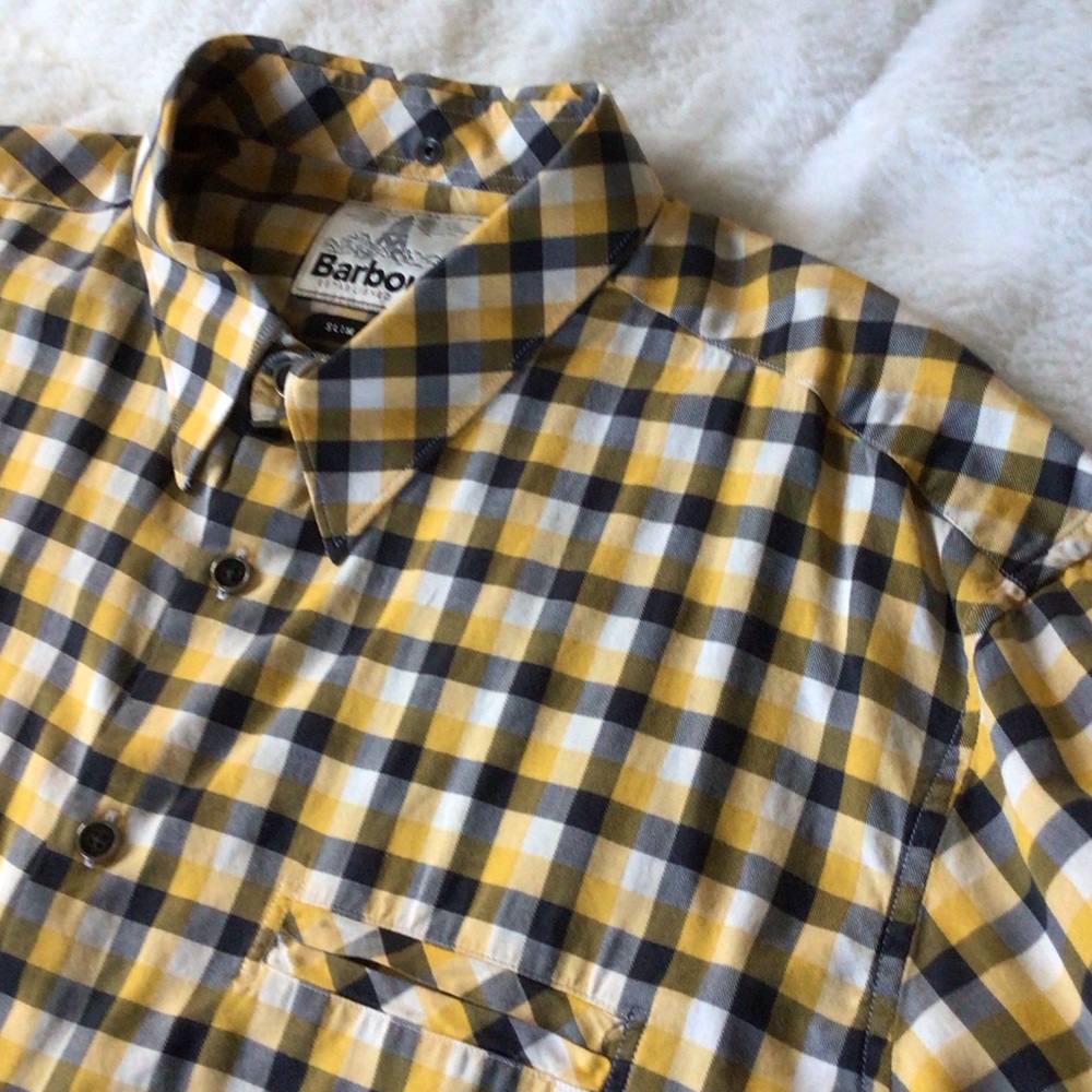 Barbour Men's Fitted Plaid Shirt in Yellow and Black Check Woven Shirt L Slim